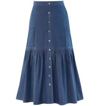 Collections Etc Stylish Full Flounce Hem Denim Skirt with Patch Pockets