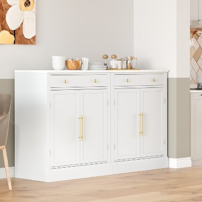 SKRAN 2-pcs Farmhouse kitchen pantry storage cabinet, with Drawer, 2 Adjustable Shelves and 2 Door Shelves, for Dining, Kitchen