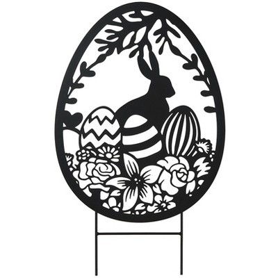 The Lakeside Collection Easter Egg With Bunny And Flowers Black Silhouette Garden Stake