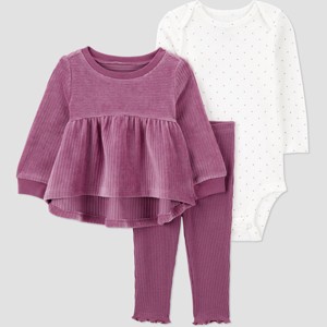 Carter's Just One You® Baby Girls' 3pc Peplum Sweatshirt with Long Sleeve Bodysuit and Leggings Set - Mauve - 1 of 4