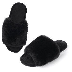 Fluffy Open Toe Slippers For Women Indoor Memory Foam, Comfy Fuzzy House Slippers Non-slip, Soft Faux Fur Slip-on Bedroom Slippers - 1 of 4