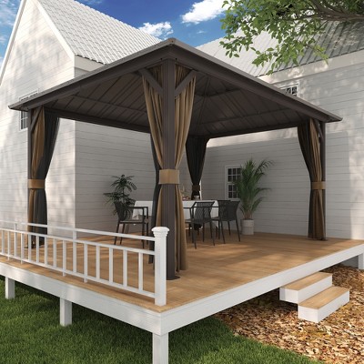 YARDSIGHT Hardtop Gazebo, Aluminum Frame Permanent Pavilion with Curtains and Netting,Double Roof,Designed for Garden, Lawns, Patio