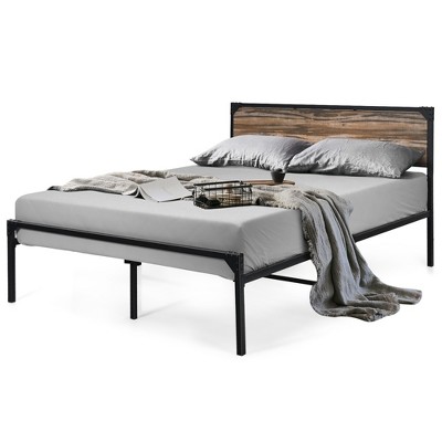Costway Queen/Full Size Metal Bed Frame Platform with Wooden Headboard No Bo x Spring Needed