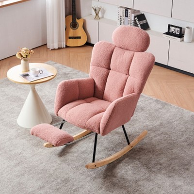 AENKYO 300LB Capacity Soft Teddy Fabric Rocking Chair w/Pocket - Ergonomic Nursery Glider, Solid Wood Base with Headrest for Living Room & Bedroom