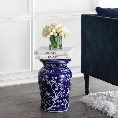 happimess Cherry Blossom 17.7"  Ceramic Garden Stool, Navy/White