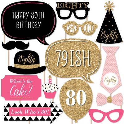 Big Dot of Happiness Chic 80th Birthday - Pink, Black and Gold - Birthday Party Photo Booth Props Kit - 20 Count