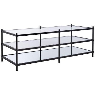 Cathal 52" Matte Black Glass & Mirror Rectangular Coffee Table with Storage