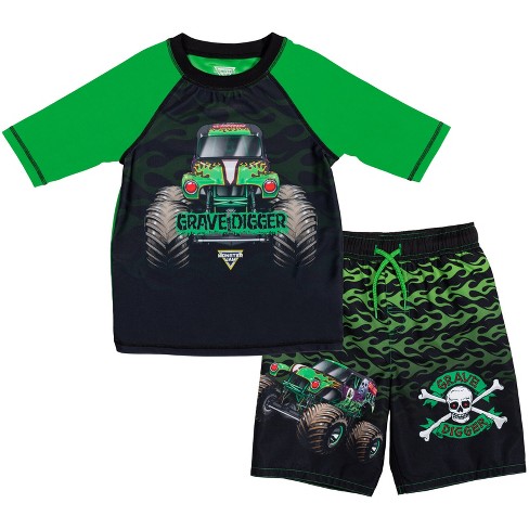Monster Jam Grave Digger Toddler Boys Rash Guard And Swim Trunks