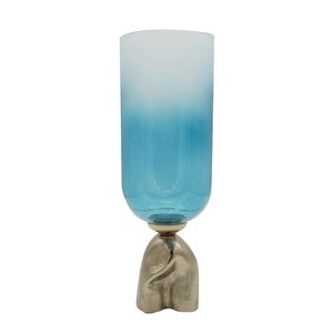 HomeRoots 18" Blue White And Gold Ombre Glass And Aluminum Pedestal Table Vase - 1 of 4