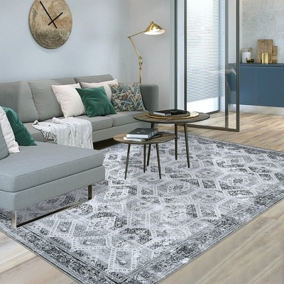 Vintage Area Rug Boho Low-Pile Indoor Floral Print Carpet for Living Room Bedroom, 9' x 12' Gray