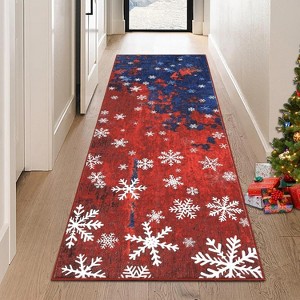Christmas Snow Print Washable Area Rug - Blue/Red Low-Pile Non-Slip Soft Carpet for Living Room, Bedroom, Classroom, Office, Nursery - 1 of 4