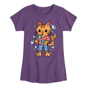 Girls' - Instant Message - Cat Blowing Bubbles Fitted Short Sleeve Graphic T-Shirt - 1 of 4