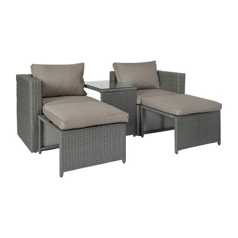 Merrick Lane Woven Rattan Modular Sofa Set for Indoor/Outdoor Use with Loveseat, Ottomans, and Tempered Glass Table - image 1 of 4