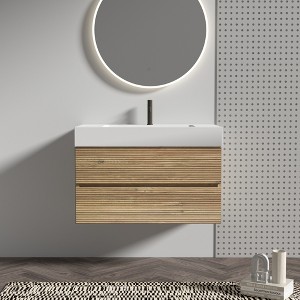 FAMYYT 36 in. Single Sink Floating Rough Oak Bath Vanity with White Engineered Quartz Composite Top, 2 Soft Drawers - 1 of 4