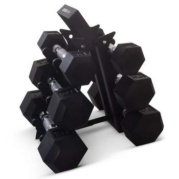 HolaHatha Hexagonal Non Slip Free Hand Dumbbell Weight Training Exercise Set w/ Textured Grips & Folding Storage Rack