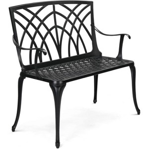 VINGLI 38" Outdoor Metal Bench, 1-2 Person Cast Aluminium Black Garden Bench, Weatherproof Orchid Small Patio Bench Deck Furniture - 1 of 4