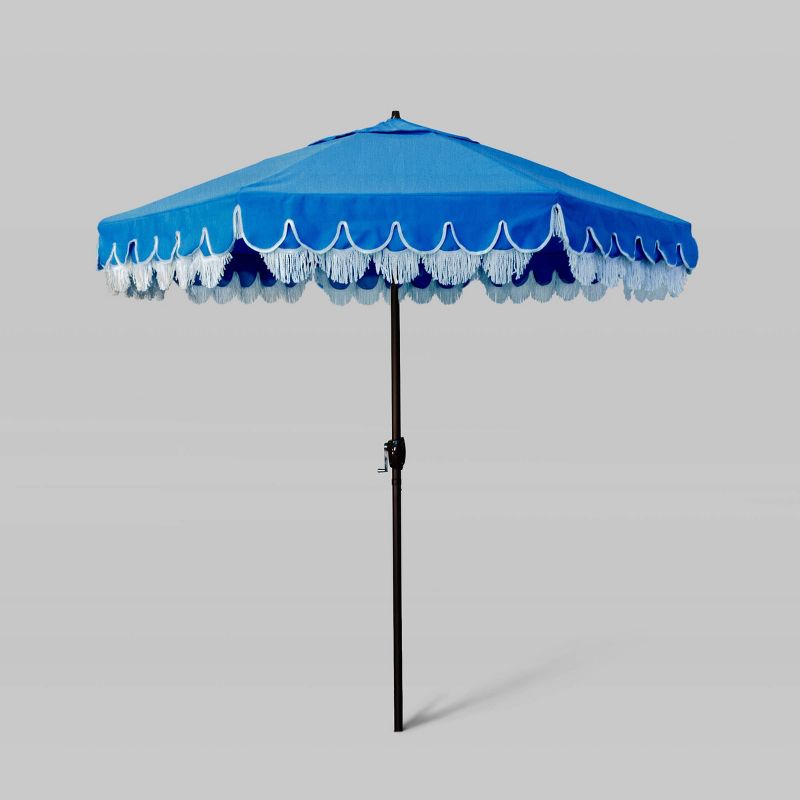 7.5' Sunbrella Scallop Base and Fringe Market Patio Umbrella with Auto Tilt - Bronze Pole - California Umbrella, 1 of 5