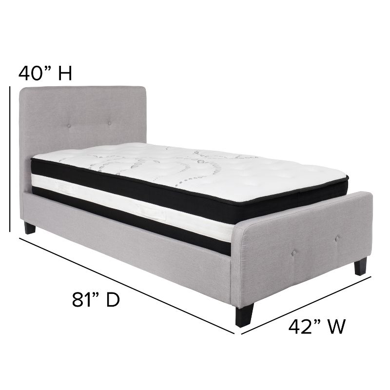 Emma and Oliver Twin Two Button Tufted Platform Bed/Mattress-Light Gray Fabric, 3 of 5