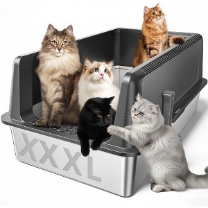 Extra Large Stainless Steel Litter Box with Lid, XXXL Cat Litter Boxes, Litter Box for Multiple Cats, Non-Sticky, Anti-Urine Leakage, Gray - 1 of 4