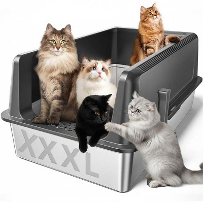 Stainless Steel Cat Litter Box With High Walls - Large Anti-Leak Design For Multiple Cats, Includes Scoop