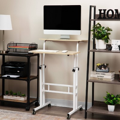 White Adjustable Height Mobile Standing Desk with Keyboard Tray