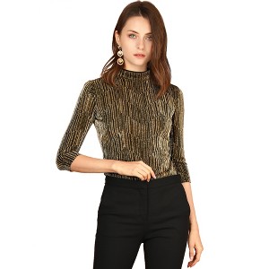 INSPIRE CHIC Women's Party Glitter 3/4 Sleeve Stand Up Neck Shiny Striped Metallic Blouse - 1 of 4
