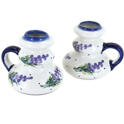 Blue Rose Polish Pottery Lavender Fields Candleholder Pair