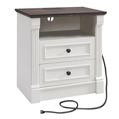 SinCiDo 26" H Farmhouse Nightstand w/ Charging Station 23.6" W Rustic End Table Roman Column,Open Shelf,2 Drawers & Metal Handles