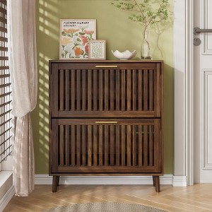 ACEPANO 31.5 in. W Modern Fence-Style Freestanding Shoe Cabinet with 2 Flip-Top Drawers for Hallways & Entrances-Walnut - 1 of 4