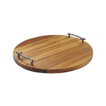 American Atelier Round Wooden Tray, Natural Finish Metal Twig Designed Handles, Great Centerpiece & Gift Idea,14.9"