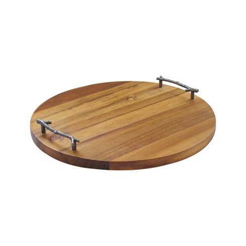 Round wood serving store tray with handles