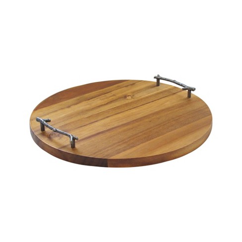 American Atelier Round Wooden Tray, Natural Finish Metal Twig Designed  Handles, Great Centerpiece & Gift Idea,14.9