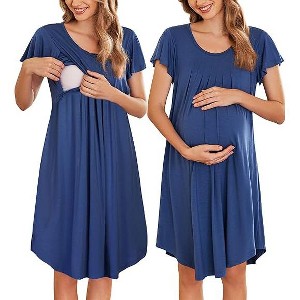 Ekouaer Nursing Nightown Labor and Delivery Gown for Hospital Pleated Breastfeeding Dress Short Sleeve Maternity Sleepwear Navy Blue L - 1 of 4