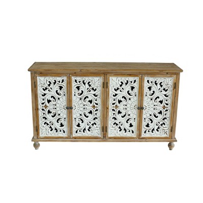 VYNXARI Farmhouse Accent Cabinet features 4 doors with floral carved wood, perfect for modern living rooms, dining rooms, entryways, kitchen storage