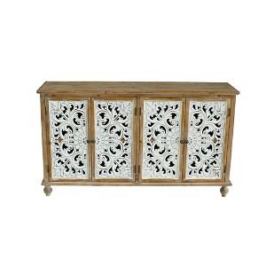 VYNXARI Farmhouse Accent Cabinet features 4 doors with floral carved wood, perfect for modern living rooms, dining rooms, entryways, kitchen storage - 1 of 4