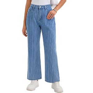 INSPIRE CHIC Women's Striped Jeans High Rise Zipper Fly Straight Leg Denim Pants - 1 of 4