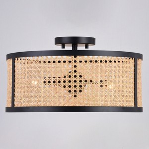 VAXCEL Berens 15.5-in W Matte Black Modern Farmhouse Drum Semi Flush Mount Ceiling Light with Rattan Cane Shade - 1 of 4