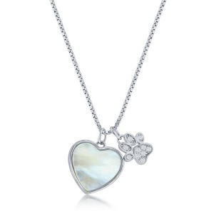 Bella Silver Sterling Silver MOP Heart and CZ Paw Print Necklace - Silver - 16+2 Inch - 1 of 2