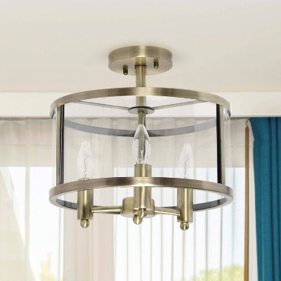 Antique Brass 3-Light Glass Drum Semi-Flush Mount