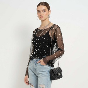Chic Long Sleeve Sheer Top with Pearl Details - Non-Stretch Polyamide Layering Essential Cherie Code - 1 of 4