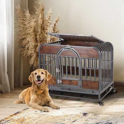Heavy Duty Dog Crate, Furniture Style Dog Crate with Removable Trays and Wheels for High Anxiety Dogs (Brown, 46in)