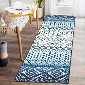 Machine Washable Moroccan Geometric Area Rug, 2' x 6' Blue - 1 of 4