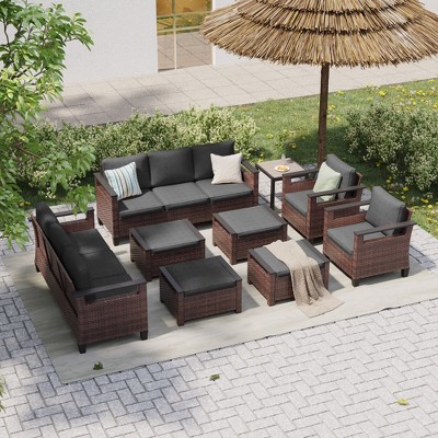 Sonkuki 9 Pieces Patio Sofa & Ottomans & Chair & Coffee Table Set, Conversation Couch with Cushion