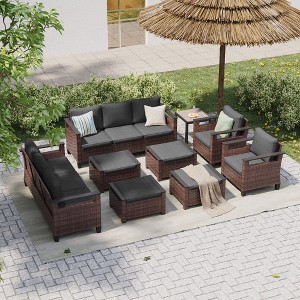Sonkuki 9 Pieces Patio Sofa & Ottomans & Chair & Coffee Table Set, Conversation Couch with Cushion - 1 of 4