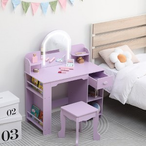 Kids Vanity with Lighted Mirror, 2 in 1 Little Girls Vanity Table & Stool, Kids Makeup with Bookshelf, Drawer & Open Shelves for 3-9 Yrs Girls - 1 of 4