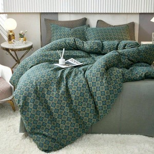 Linen Cotton Duvet Cover Queen, 3 Pcs Green Flower Geometric Bedding Set - 1 of 4