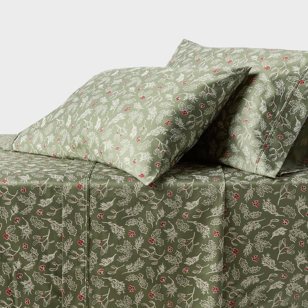 Photos - Bed Linen Twin/Twin XL 400 Thread Count Performance Holiday Sheet Set Green Holly 