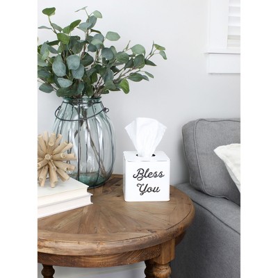 White Enamelware Square Tissue Box Cover with Bless You Text