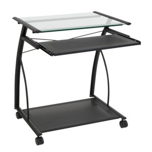 Calico Designs L Cart Compact Computer Cart with Storage and Keyboard Shelf Black Clear Glass Steel Frame Tempered Glass Surface