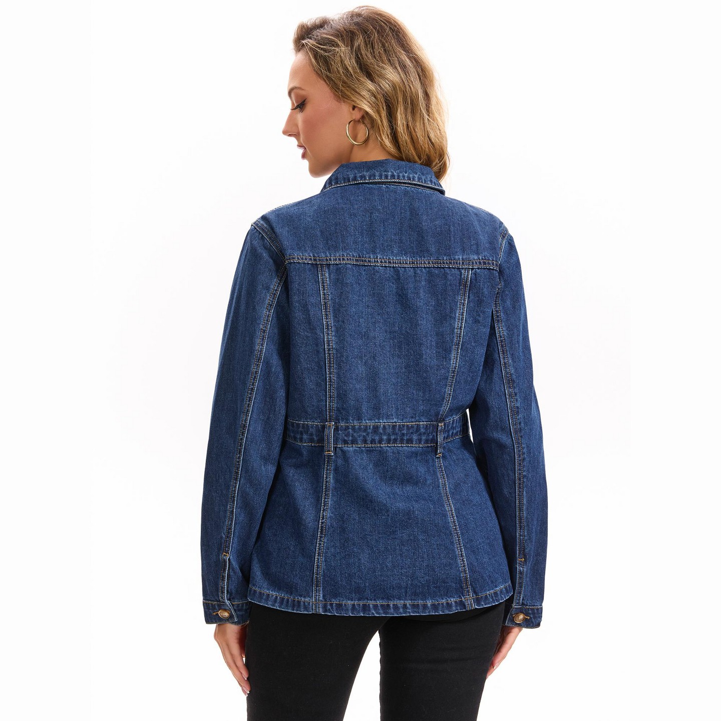Женская куртка INSPIRE CHIC Denim Distressed Button Down Long Sleeve Jean Jacket Large Dark Blue, цвет: Джинсовый — фото 4